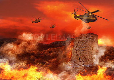 Buy stock photo Combat, military and helicopter with fire in explosion for service, army duty and conflict in city. Mockup, apocalypse and airforce with bombs for armed forces, defense and warfare in battlefield