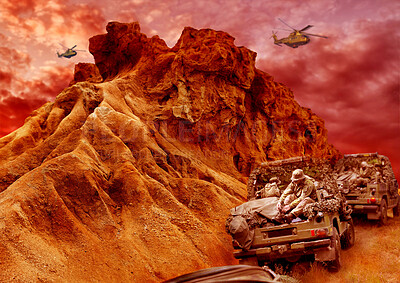 Buy stock photo War, desert and army, apocalypse and military transport with helicopter, explosion and destruction with conflict. Survival, mission and people fight on battlefield, action and post apocalyptic 