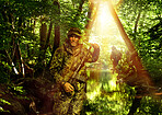 War, jungle and man in army, military and nature with gun or weapon, conflict and warrior outdoor. Survival, mission and fight on battlefield, action with swamp or forest and portrait of soldier
