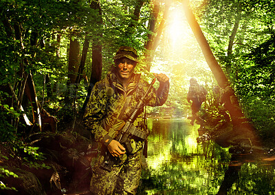 Buy stock photo War, jungle and man in army, military and nature with gun or weapon, conflict and warrior outdoor. Survival, mission and fight on battlefield, action with swamp or forest and portrait of soldier