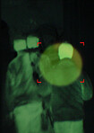 Military, enemy and target in night vision, overlay or dark green silhouette of spy, agent or terrorist risk to soldier. Police, surveillance and security people in infrared scope for army mission