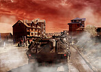 War, apocalypse and military transport, army in a post apocalyptic background and conflict with smoke and dust. Survival, mission and warrior with fight on battlefield, action and tank for battle
