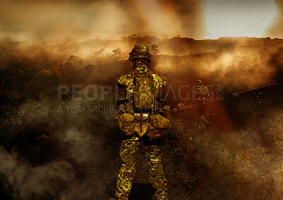 Buy stock photo Military, war and soldier by explosion for service, battlefield or fight in forest with army uniform and protection. Warzone, warrior and person in camp look at apocalypse in woods for defence
