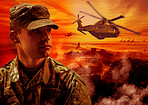 Explosion, military and soldier with helicopter and fire in warzone for service, defence and battle in camouflage. Apocalypse, conflict and face of person in army uniform for fight and action in city