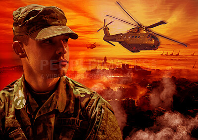 Buy stock photo Explosion, military and soldier with helicopter and fire in warzone for service, defence and battle in camouflage. Apocalypse, conflict and face of person in army uniform for fight and action in city