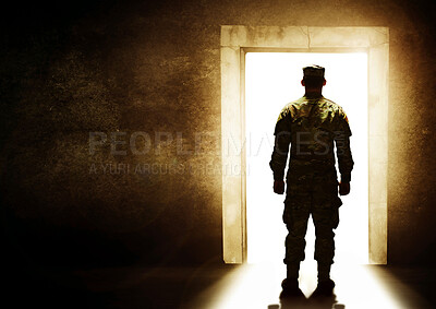 Buy stock photo Military, door and man leaving home for service, army duty and battle for country in camouflage uniform. Mockup, silhouette and back of person at entrance for armed forces, soldier and marine defense