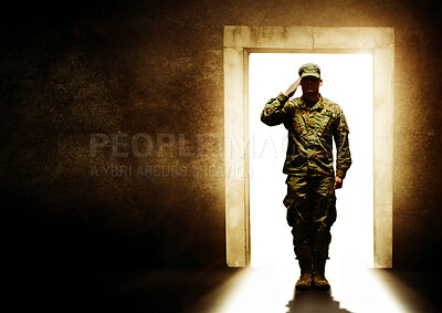 Buy stock photo Military, door and soldier salute for leaving home for service, army duty and battle in camouflage uniform. Mockup, war hero and man at entrance ready for armed forces, country and marine defense