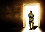 Military, crossed arms and man leaving at door for service, army duty and battle in camouflage uniform. Mockup, professional and portrait of soldier at entrance for armed forces, defense and marines