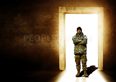 Buy stock photo Military, crossed arms and man leaving at door for service, army duty and battle in camouflage uniform. Mockup, professional and portrait of soldier at entrance for armed forces, defense and marines