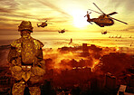 Combat, military and soldier with fire in explosion for service, army duty and battle in camouflage. Mockup, bombs and back of man with helicopter for armed forces, defense and warfare conflict