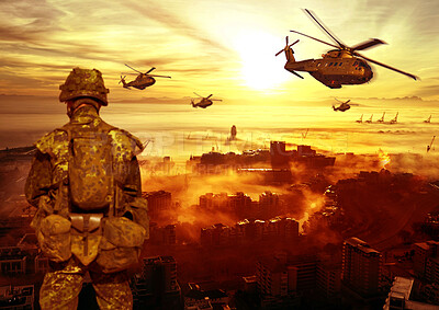 Buy stock photo Combat, military and soldier with fire in explosion for service, army duty and battle in camouflage. Apocalypse, bombs and back of man with helicopter for armed forces, defense and warfare conflict