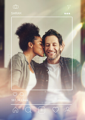 Buy stock photo Couple, kiss and social media picture on camera, care and bonding together. Love, intimate and happy man and woman post photo on internet for interracial connection, smile and relationship in home