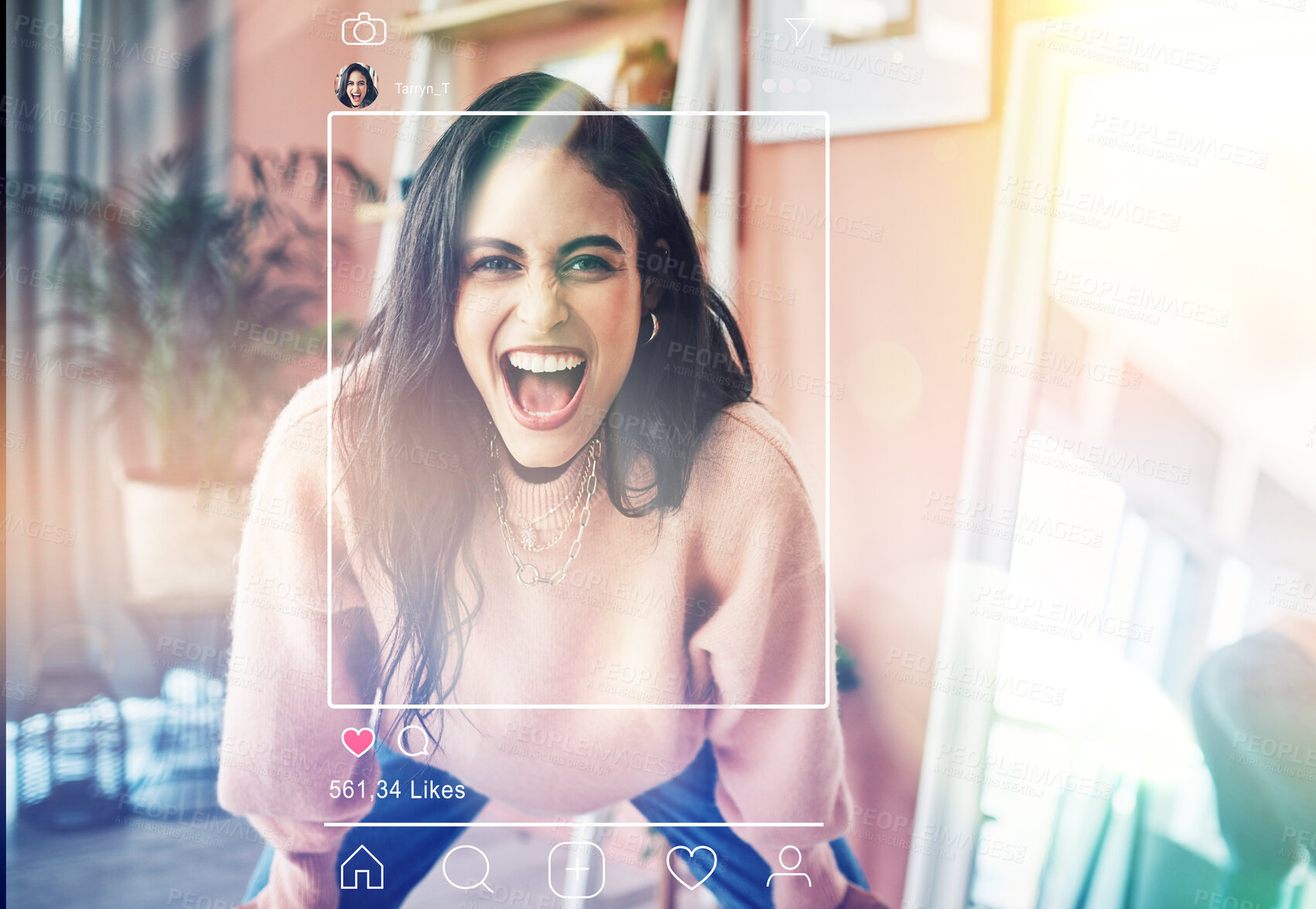 Buy stock photo Excited, woman portrait and image overlay on social media app of influencer face and photography. Frame, internet and graphic with home page of profile and networking software with screen display