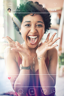 Buy stock photo Excited, woman portrait and social media app overlay of influencer face and photography for website. Frame, internet and graphic with home page of profile and networking software with screen display