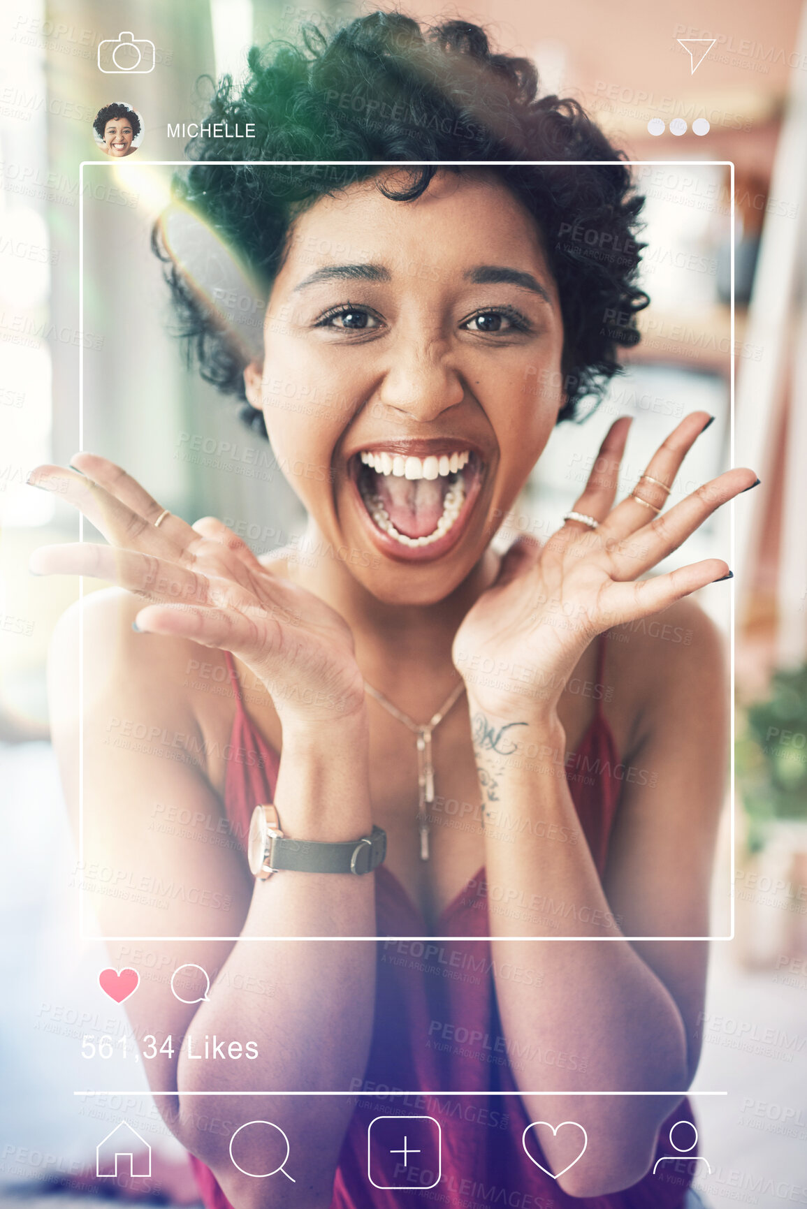 Buy stock photo Excited, woman portrait and social media app overlay of influencer face and photography for website. Frame, internet and graphic with home page of profile and networking software with screen display