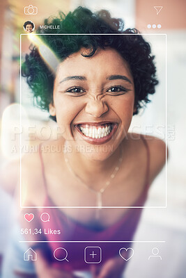 Buy stock photo Photo post, woman portrait and social media app overlay of influencer face and photography for web. Frame, internet and graphic with home page of profile and networking software with screen display