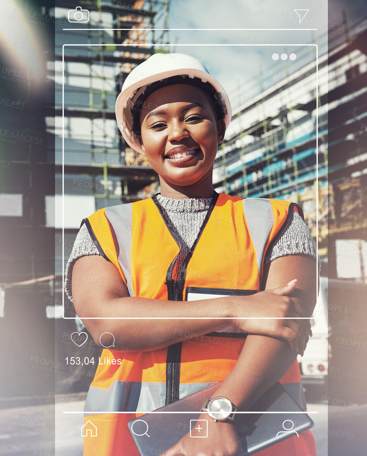 Buy stock photo Social media, post and portrait of black woman, architect at construction site with frame, engineering and industry. App, profile picture and overlay with contractor, inspection and photography