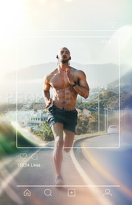 Buy stock photo Fitness, running and man with social media overlay for online post, sports blog and update. Mockup, wellness and person with frame on street for exercise, training and workout for cardio outdoors