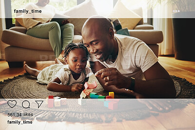 Buy stock photo Social media, family and father and child with toys in living room for bonding, relationship and care. Home, African and happy dad with girl on floor playing with building blocks with online overlay