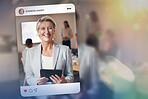 Tablet, business and social media with a senior woman on screen for management, leadership or double exposure. Profile picture, status or update and a confident corporate CEO on a display with space