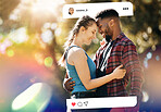 Social media post, nature and a couple with a hug for a marriage, relationship or bonding. Interracial, happy and a black man with care for a woman with an update on date on an app in a park