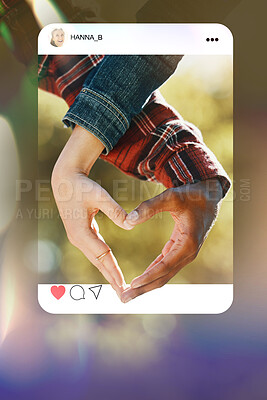 Buy stock photo Social media post, heart hands and couple with like emoji, photography and happy relationship announcement. Love icon status, man and woman in story overlay, influencer and content creation update.