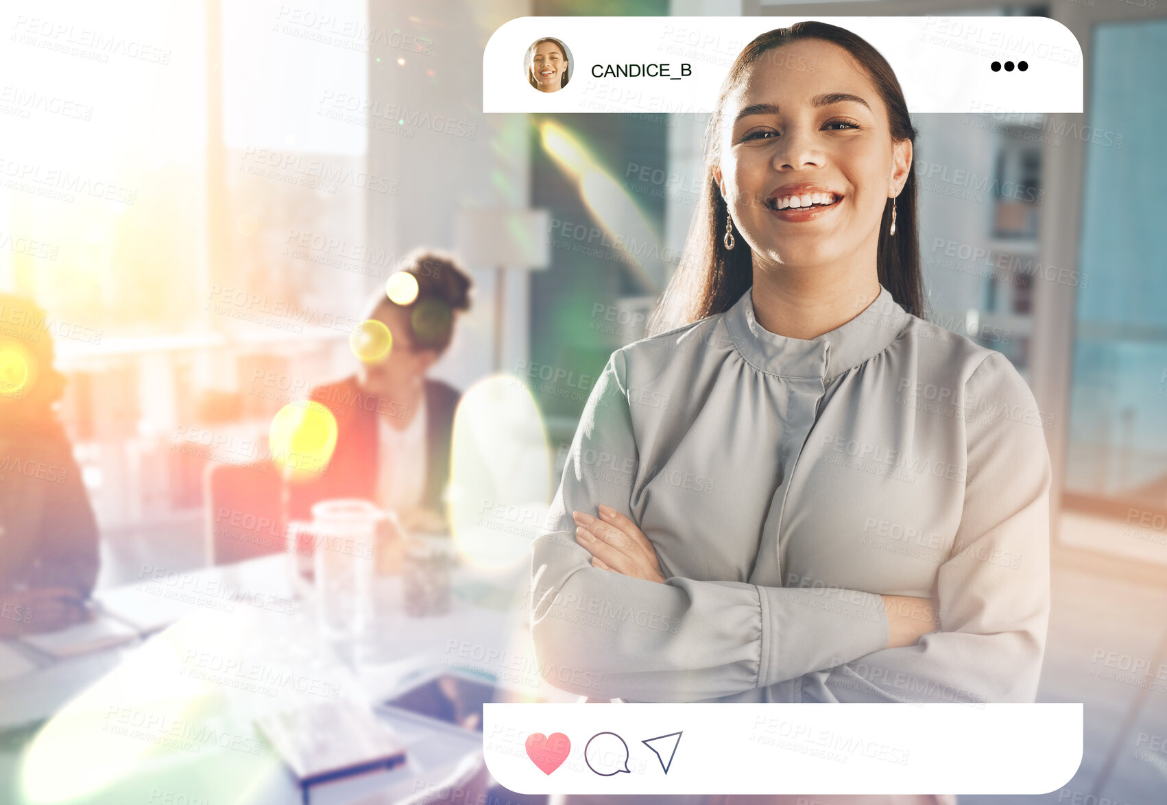 Buy stock photo Portrait, social media and arms crossed with a business woman on screen to like, share or comment on a post. Profile picture, status or update and a confident young employee on a display with space