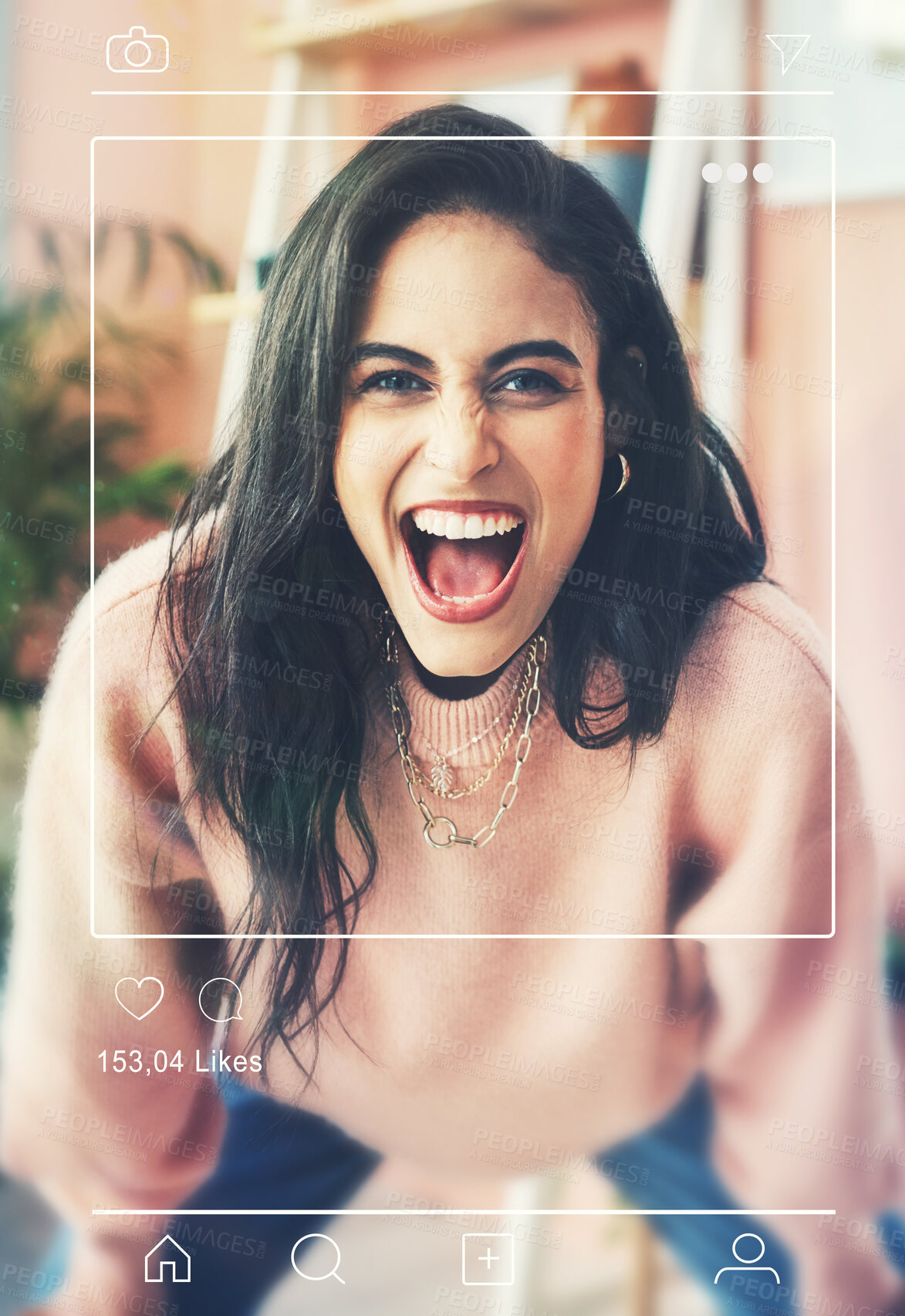 Buy stock photo Excited scream, woman portrait and social media app overlay of influencer face and photography for website. Frame, internet and graphic with home page of profile and software with screen display