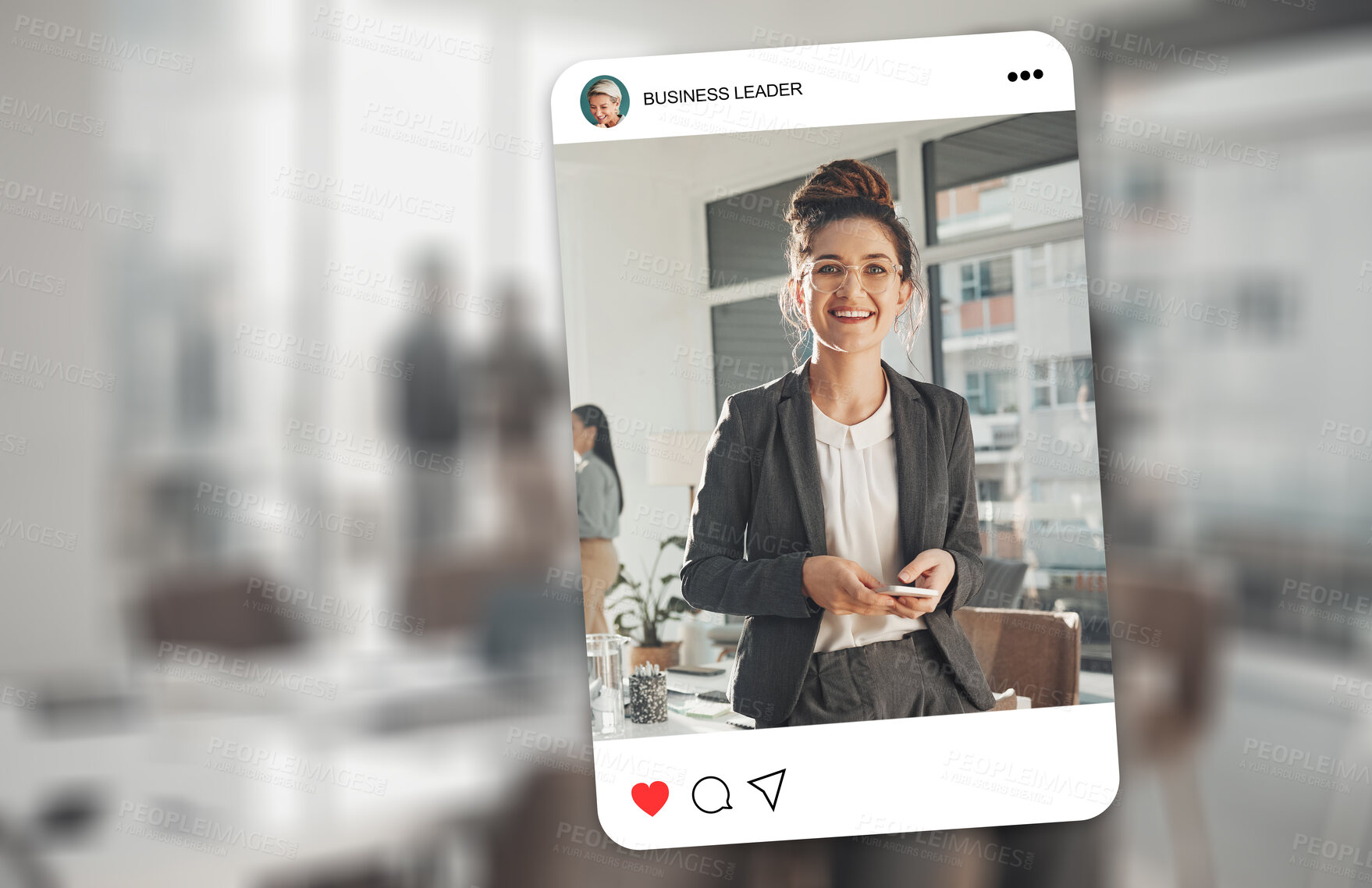 Buy stock photo Social media, phone and woman on screen for business, digital marketing or networking with smile in office. Profile picture, status or heart of post for technology, connection and update of employee