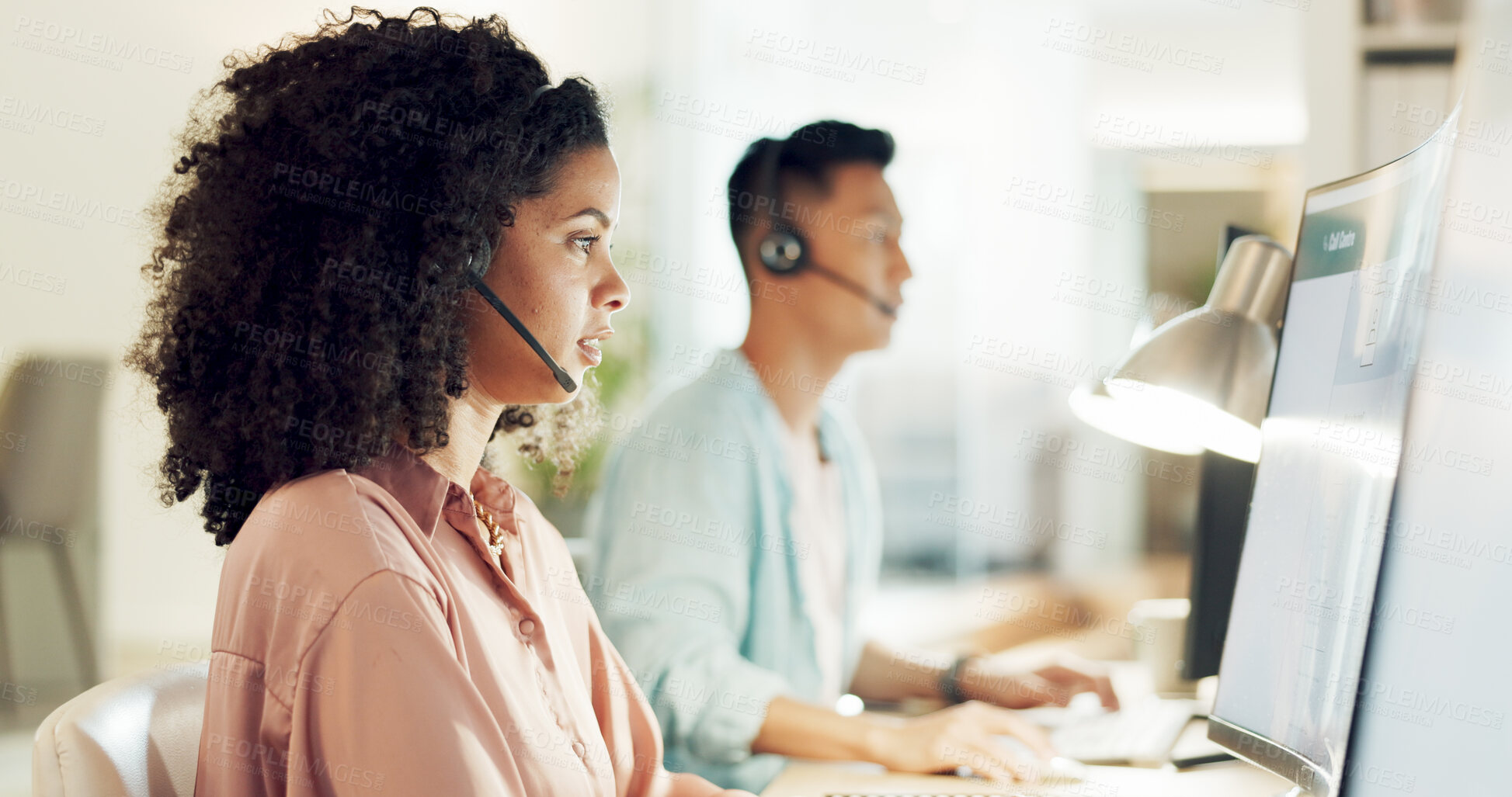 Buy stock photo Telemarketing, black woman and crm worker on a consultation at call center with computer. Consultant, employee and discussion of office and agency sale communication with customer support on web