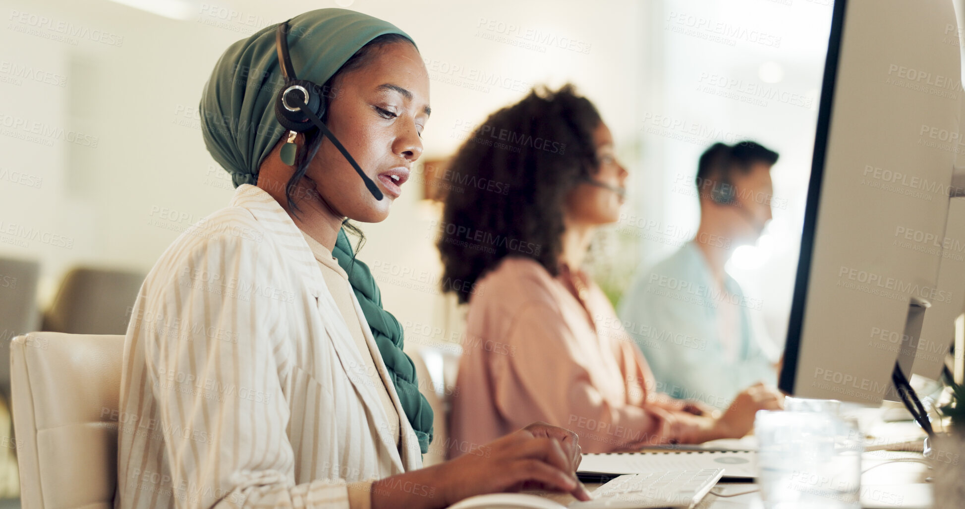 Buy stock photo Telemarketing, black woman and contact us worker on a consultation at call center with computer. Consultant, employee and discussion of office and agency communication with customer support on web