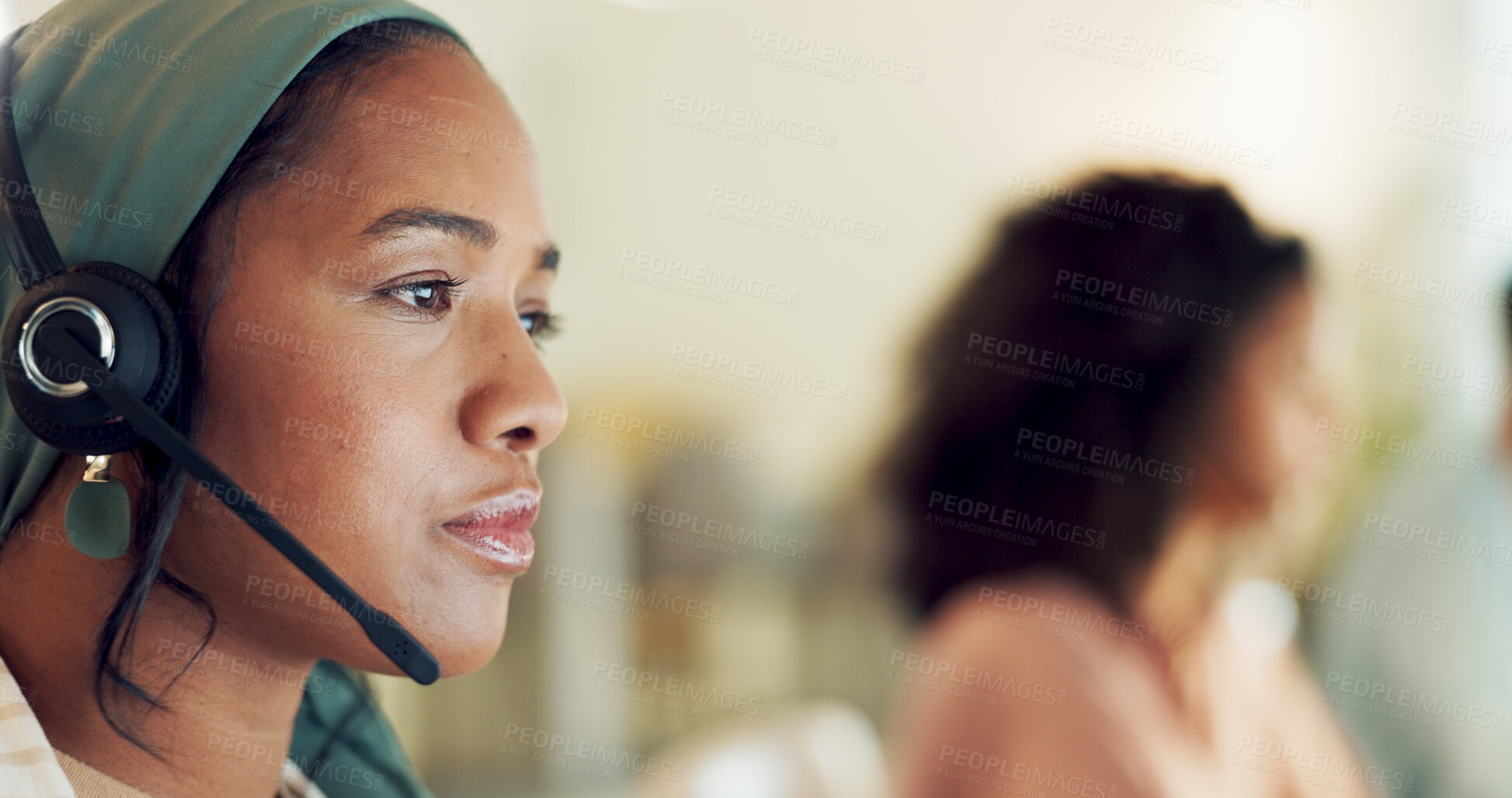 Buy stock photo Telemarketing, black woman and contact us worker on a consultation at call center working. Consultant, tech employee and crm sale consulting at office with agency work and customer support on web