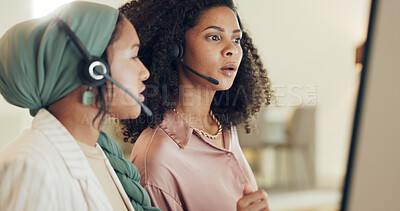 Buy stock photo Call center women, computer and together for coaching with error, glitch and thinking for problem solving. CRM teamwork, ideas and solution for customer service, telemarketing or tech support at job