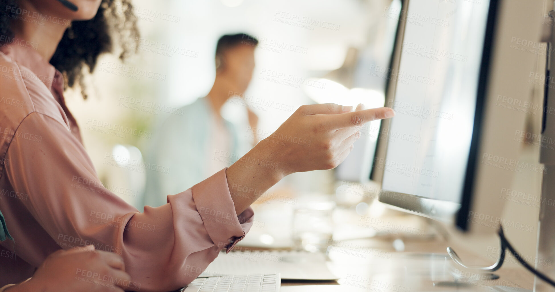 Buy stock photo Pointing, computer or hand of woman in call center speaking, communication or talking on mic. Customer services closeup, blurry screen or virtual assistant in conversation in technical support office