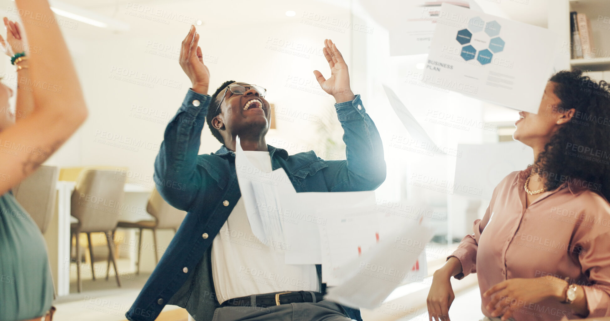 Buy stock photo Meeting, man celebration and paper in air with yes success in business office with bonus and motivation from deal. Happy, excited and group with company growth, target goal and document confetti