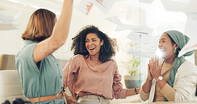 Buy stock photo Meeting, celebration and paper in air with women success in business office with applause and motivation from deal. Happy, excited and group with company growth, target goal and document confetti