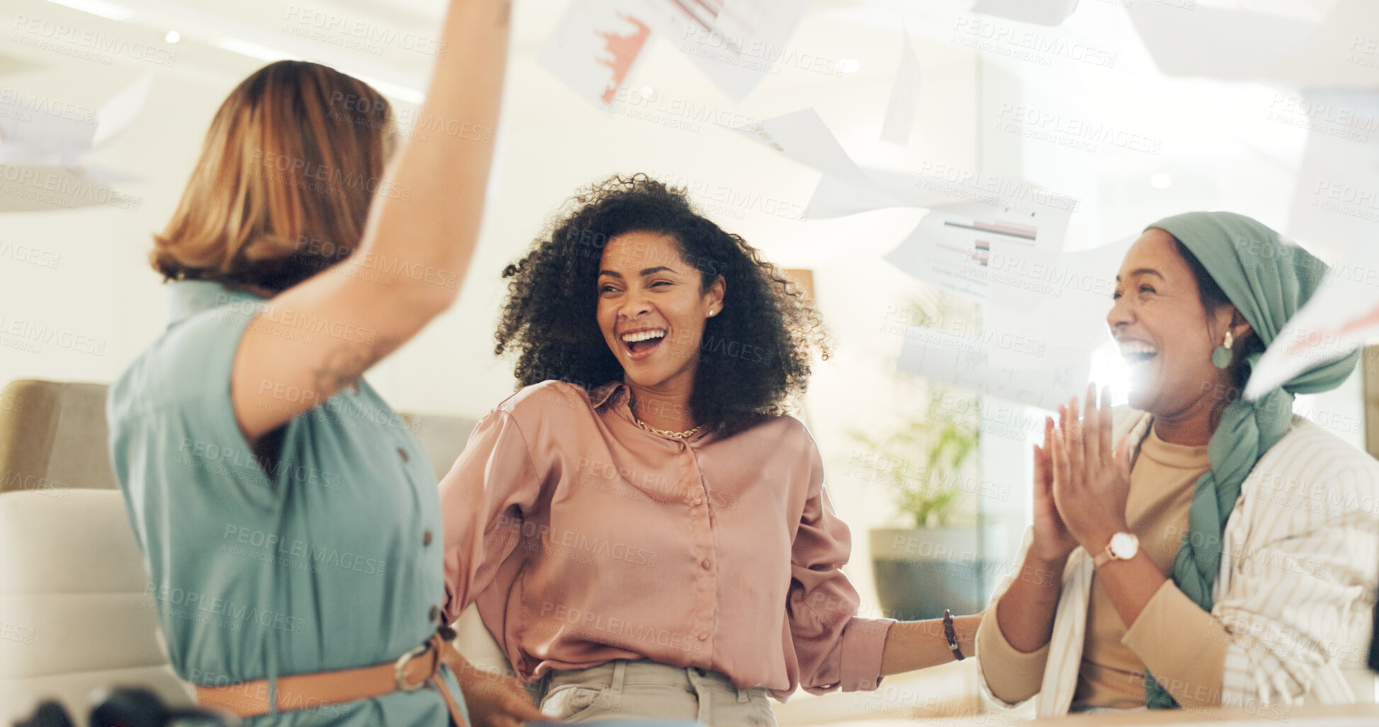 Buy stock photo Meeting, celebration and paper in air with women success in business office with applause and motivation from deal. Happy, excited and group with company growth, target goal and document confetti