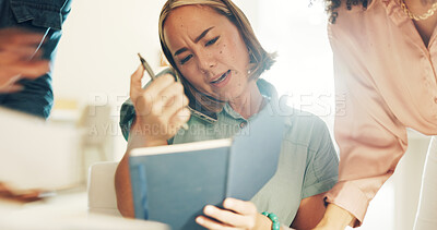 Buy stock photo Phone call, business and woman with multitasking, notebook and deadline with stress, agent and frustrated. Person, employee and administrator with workflow crisis, burnout and overworked with chaos