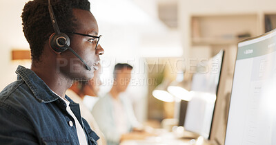 Buy stock photo Call center, consulting and computer with black man in office for contact us, communication and customer support. Salesman, help desk and technical support with person in crm agency for telemarketing