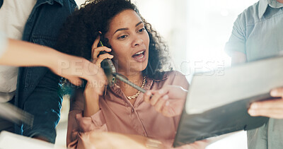 Buy stock photo Phone call, business and woman with multitasking, frustrated and pressure with agent, burnout and financial report. Person, employee and human resources with workflow crisis, overworked and stress