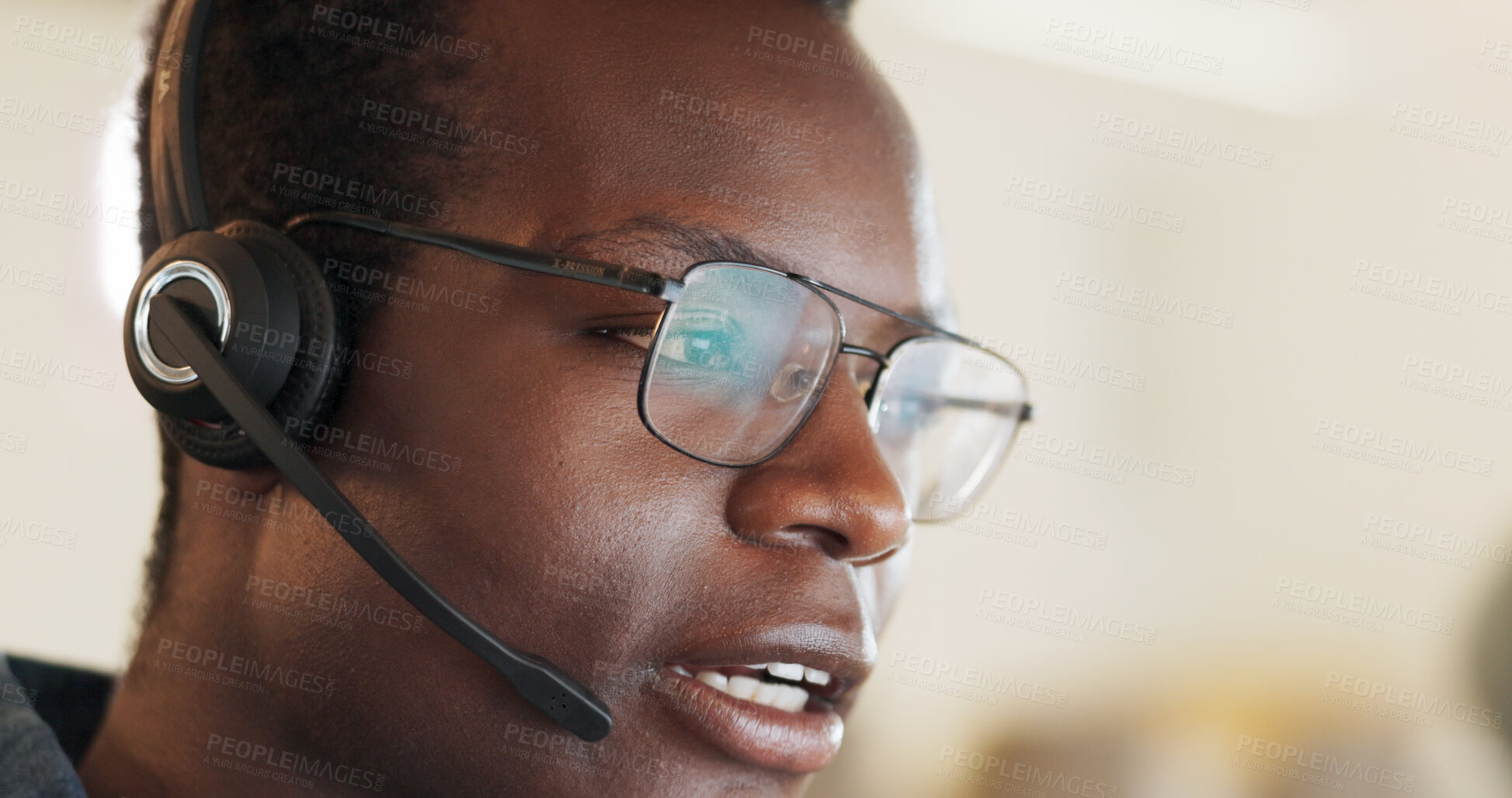 Buy stock photo Call center, consulting and advice with face of black man in office for contact us, communication or customer service. Salesman, help desk and technical support with person in crm agency for advisory