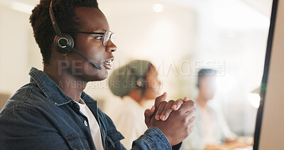 Buy stock photo Call center, consulting and agent with black man in office for contact us, communication and customer service. Salesman, help desk and technical support with person in crm agency for telemarketing