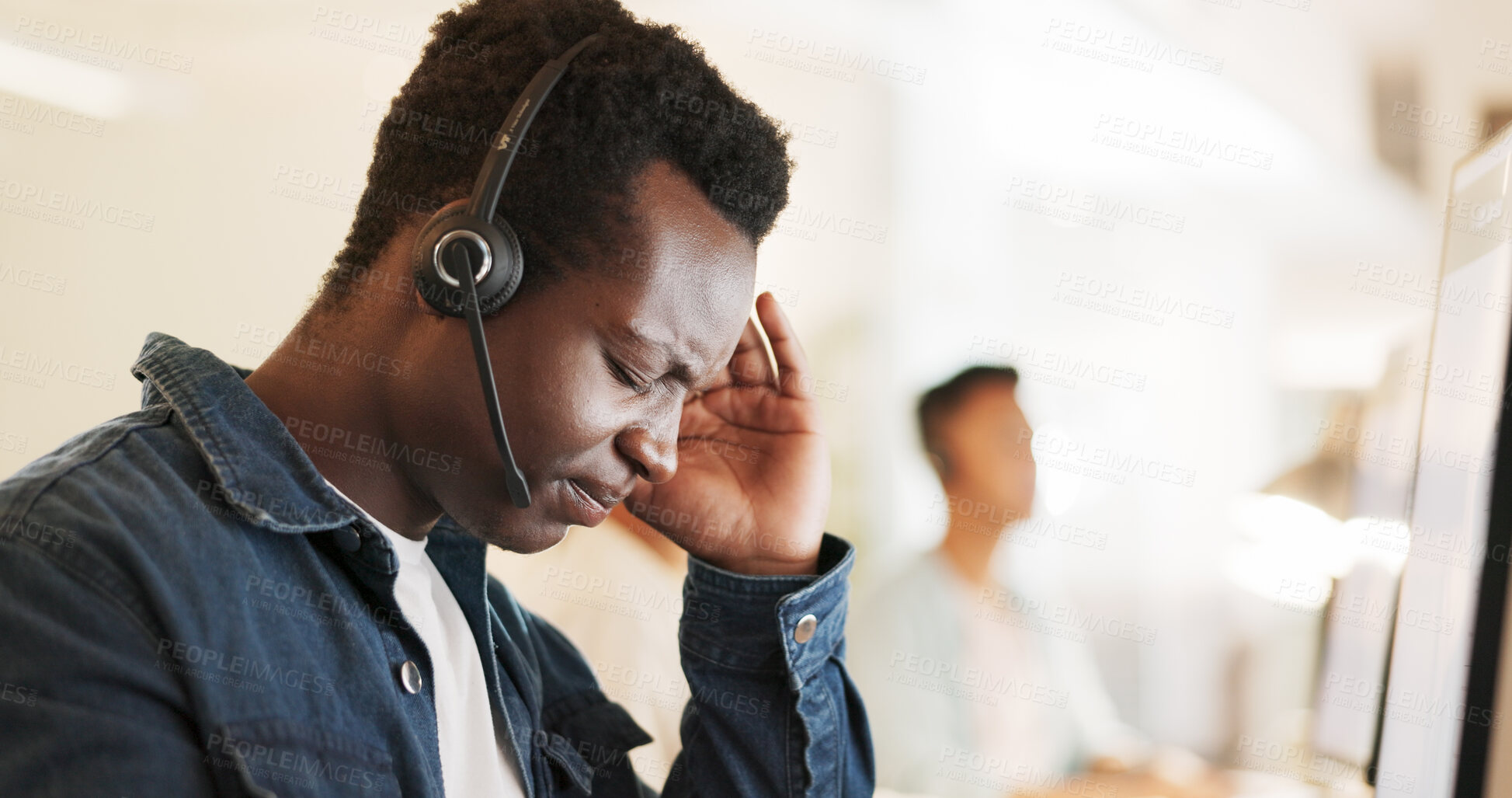 Buy stock photo African call center man, headache and office for stress, pain or fatigue with fail in telemarketing job. CRM, agent or consultant with burnout, tired or mental health by computer for customer service