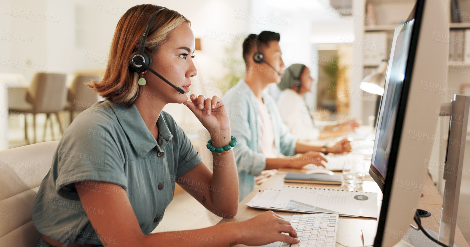 Buy stock photo Call center, agent and thinking with woman in office for contact us, communication and customer service. Saleswoman, help desk and technical support with person in consulting agency for telemarketing