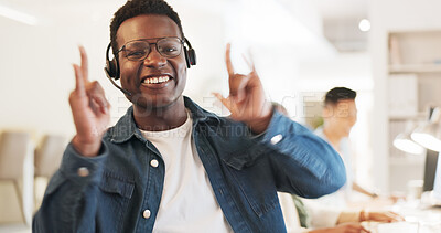 Buy stock photo Rock sign, call center and portrait of black man for celebration, success and achievement in office. Telemarketing, emoji and happy consultant smile for customer service, support and crm business