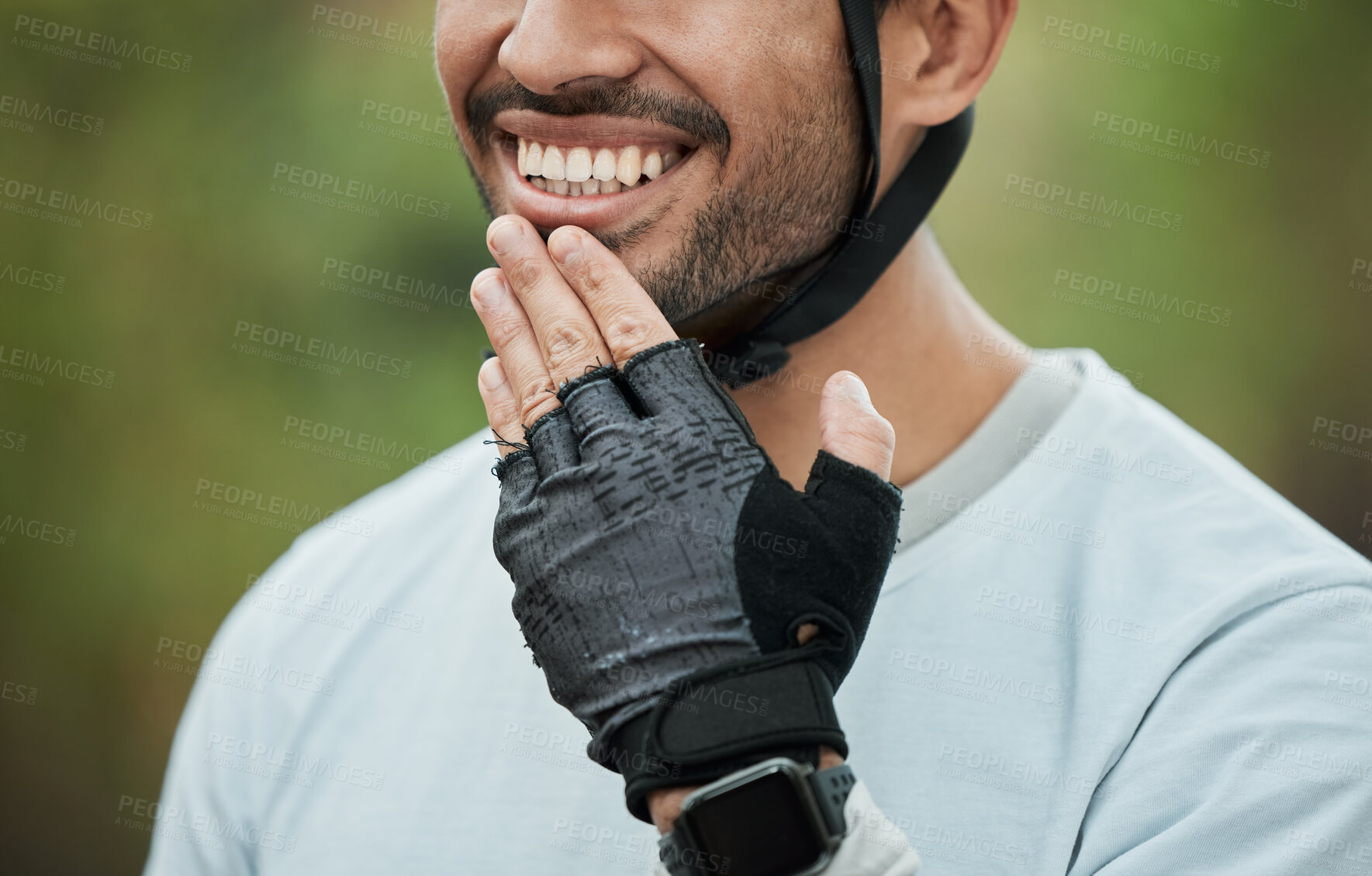 Buy stock photo Smile, nature and a person with a glove for fitness, sports or exercise in a park. Happy, travel and an athlete or man ready to start a workout, training or cardio in summer for outdoor health