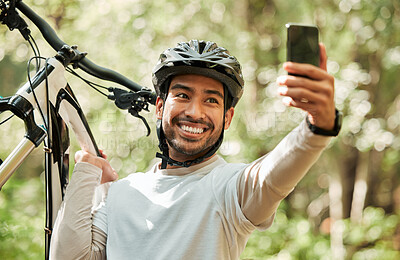 Buy stock photo Man, bicycle and forest for selfie, nature or smile for wellness, training or blog on adventure. Influencer guy, cycling and mountain bike for profile picture, memory or live stream on social network