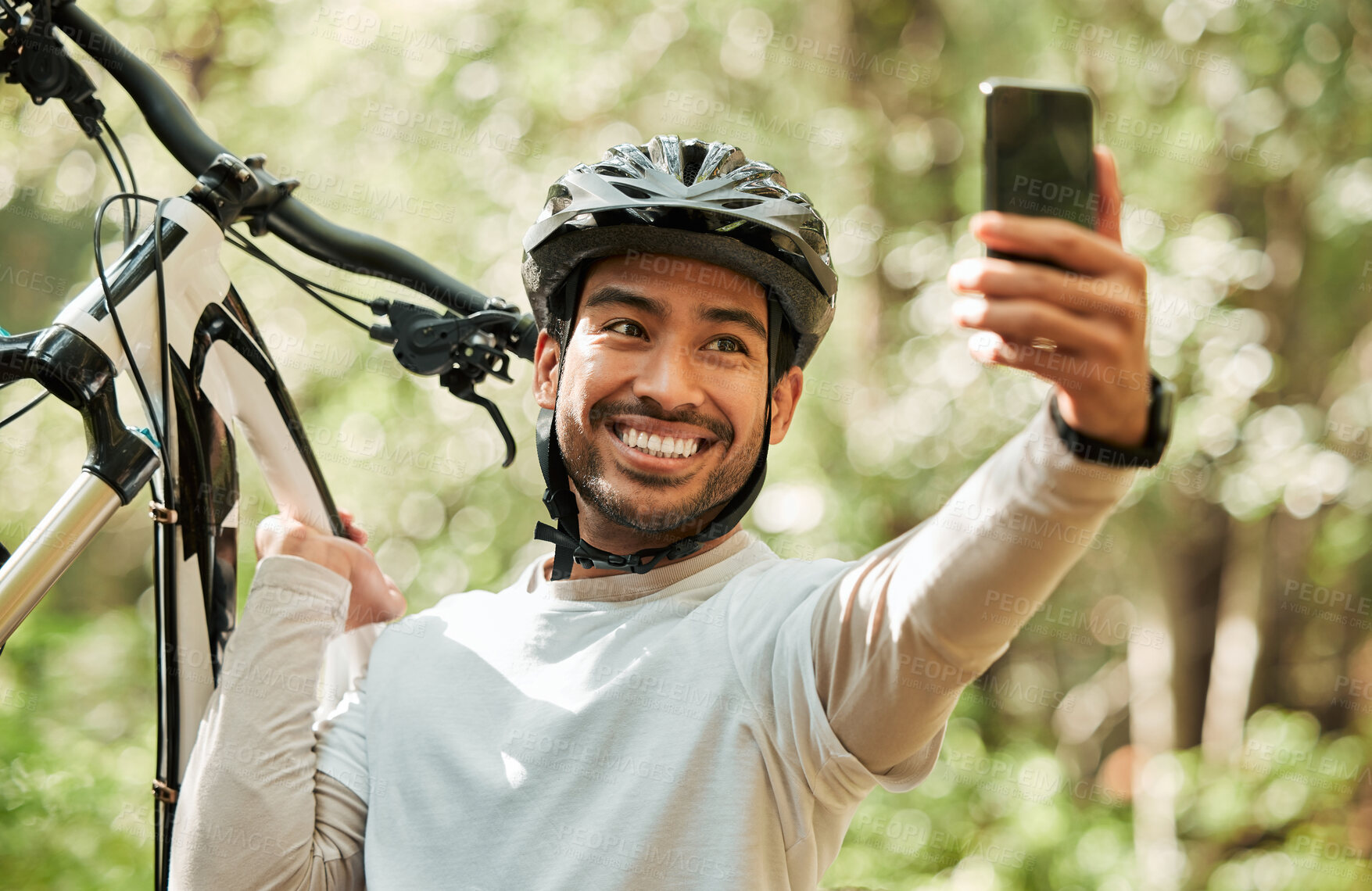 Buy stock photo Man, bicycle and forest for selfie, nature or smile for wellness, training or blog on adventure. Influencer guy, cycling and mountain bike for profile picture, memory or live stream on social network