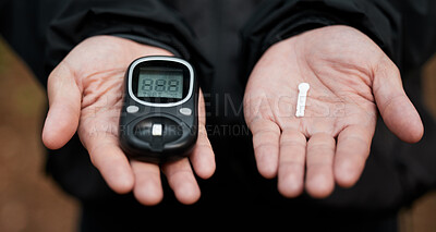 Closeup, hands and equipment for diabetes check, glucose and test for blood and health analysis. Healthcare, digital and electronic medical tools to monitor sugar, insulin or treatment for safety