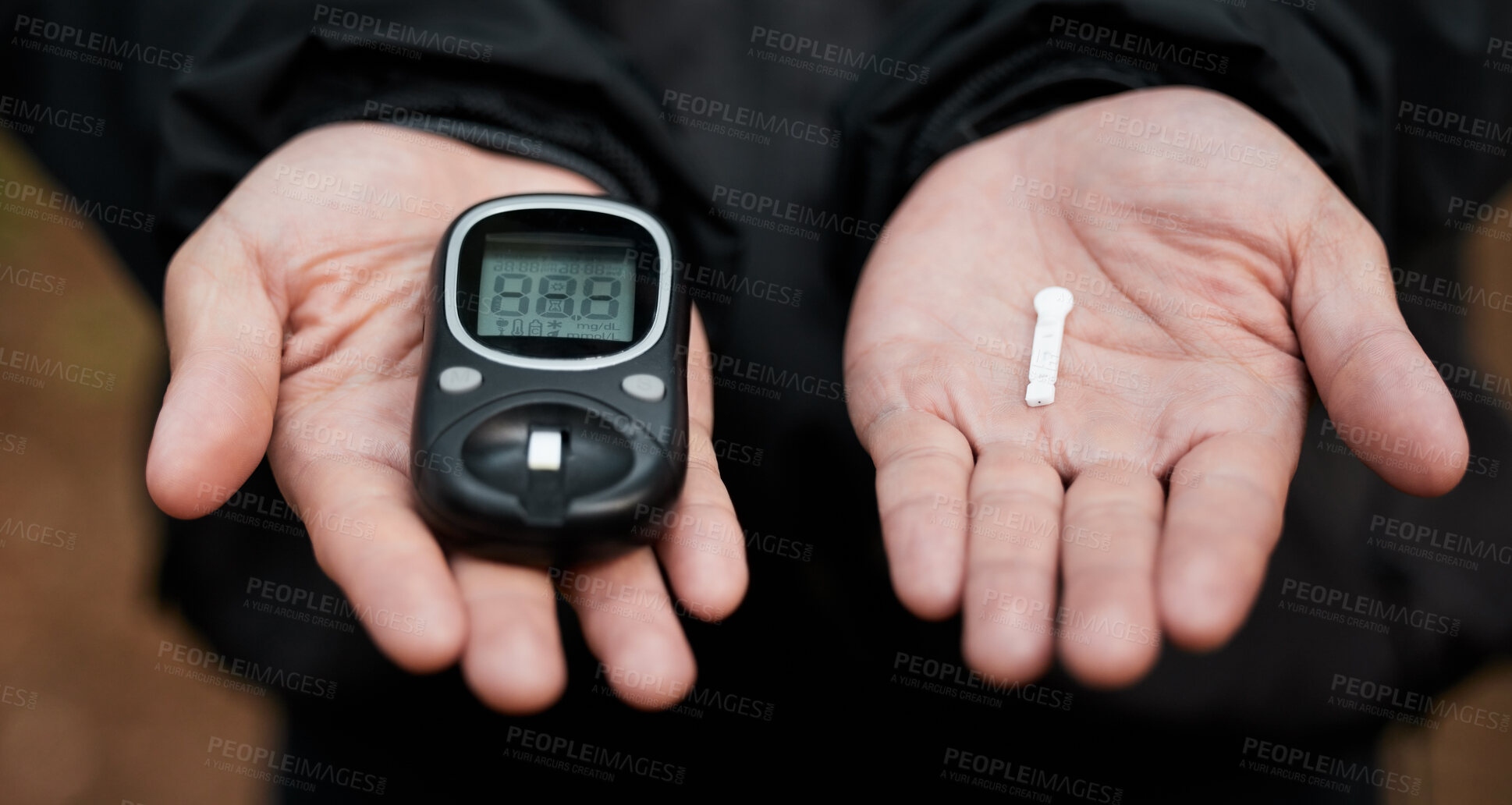 Buy stock photo Closeup, hands and equipment for diabetes check, glucose and test for blood and health analysis. Healthcare, digital and electronic medical tools to monitor sugar, insulin or treatment for safety